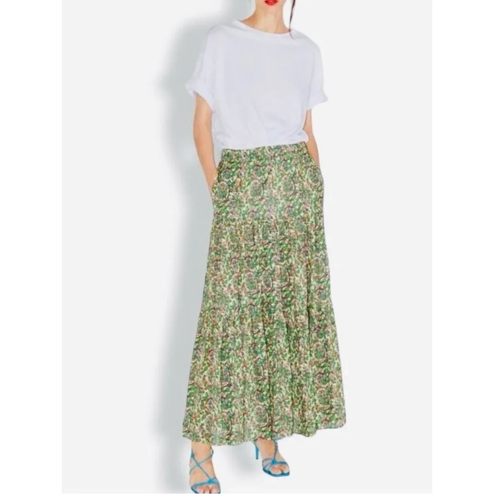 ZARA Floral Maxi Skirt Cotton Pockets Boho Cottagecore A Line Made in India